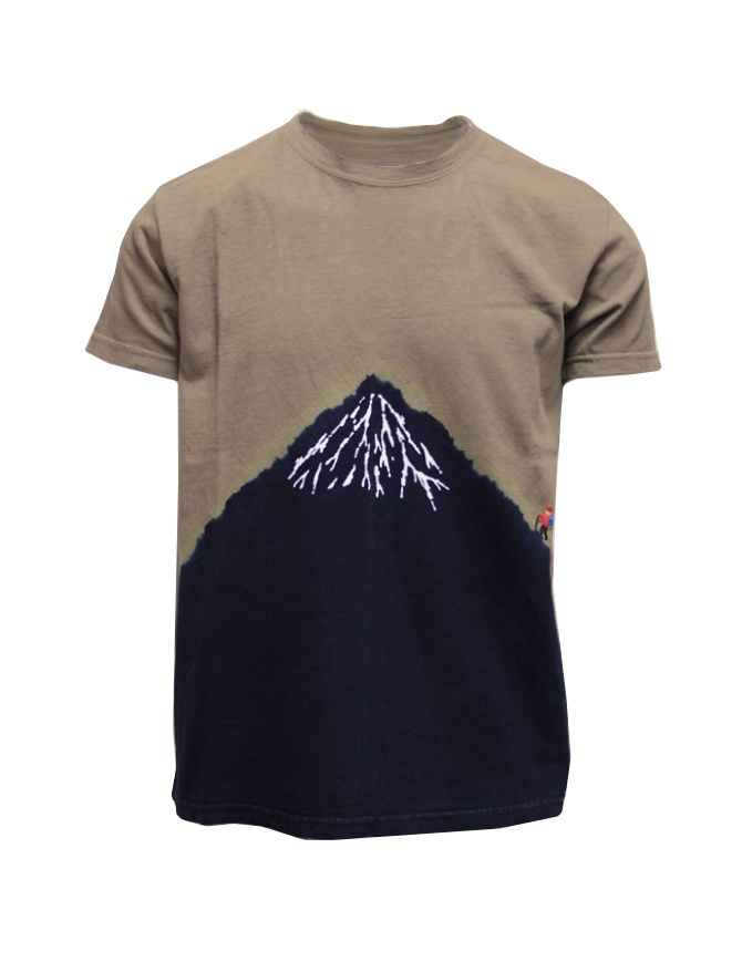 Kapital khaki t-shirt with blue Mount Fuji and climber EK-942 SUM Kapital khaki t-shirt with blue Mount Fuji and climber EK-942 SUM mens t shirts online shopping