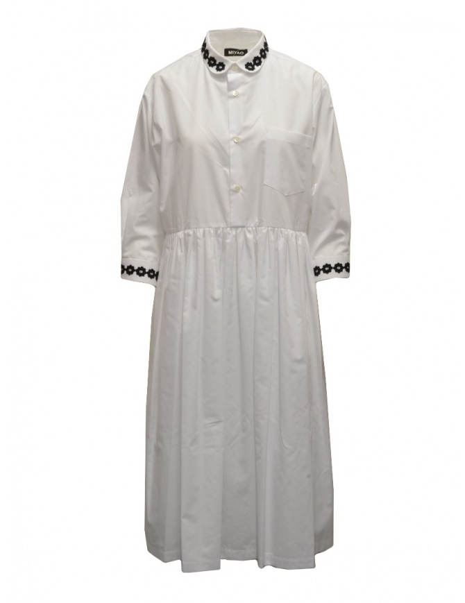 Miyao lungo vestito a camicia bianco con ricami neri MTOP-02 WHT-BLK