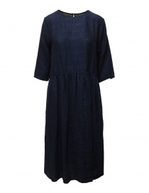 Vlas Blomme long dress in blue striped linen 13223601 G.BLUE