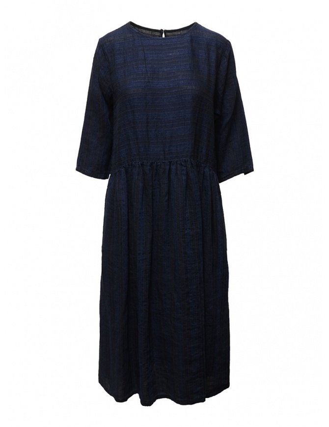 Vlas Blomme long dress in blue striped linen 13223601 G.BLUE womens dresses online shopping