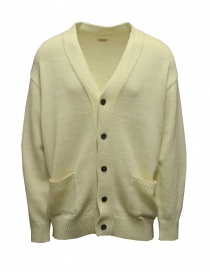 Mens cardigans online: Kapital white cardigan with smiley patches on the elbows
