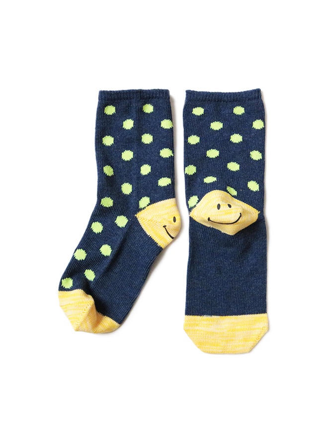 Kapital blue socks with smiley heel and green polka dots EK-886 NAVY