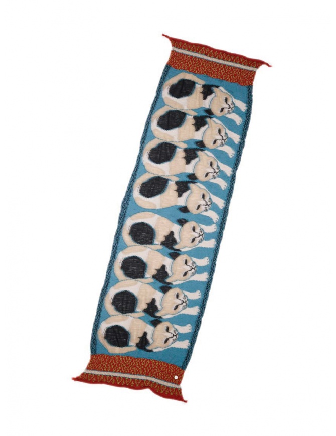 Kapital Japan Mike Happy blue wool scarf with cats EK-1518 BLUE scarves online shopping