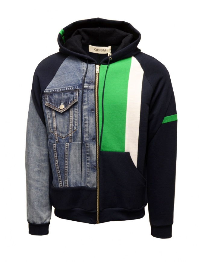 QBISM blue, green and denim hooded sweatshirt with zip STYLE 04 NAVY/DENIM men s knitwear online shopping