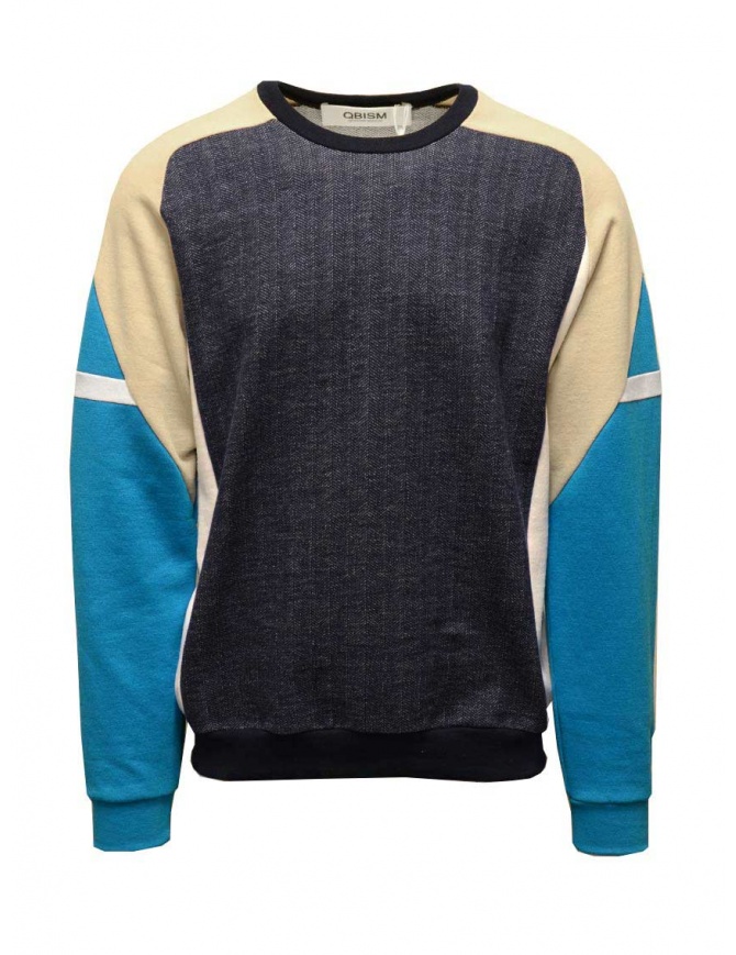 QBISM color block sweatshirt in denim, beige and light blue STYLE 08 TURQOISE/BEIGE/NAVY men s knitwear online shopping