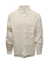 Mens shirts online: Kapital white linen shirt with embroidered sleeves