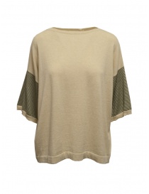 Ma'ry'ya beige cotton sweater with striped sleeves YGK128_7BEIGE/MILITARY