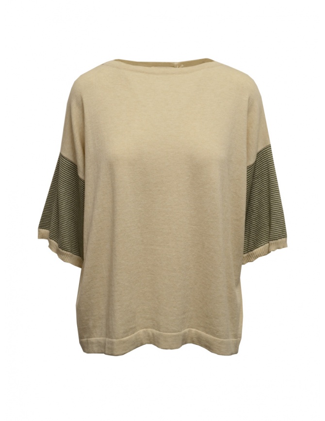 Ma'ry'ya beige cotton sweater with striped sleeves YGK128_7BEIGE/MILITARY