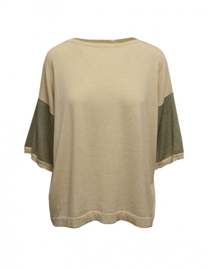 Ma'ry'ya beige cotton sweater with striped sleeves YGK128_7BEIGE/MILITARY women s knitwear online shopping