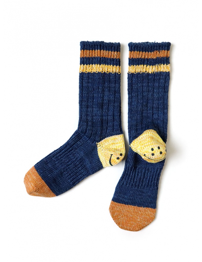 Kapital Happy Heel blue socks with smiley on the heel and orange toe EK-1447 NAVY socks online shopping