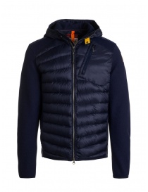 Mens jackets online: Parajumpers Nolan blue hooded down jacket with fabric sleeves