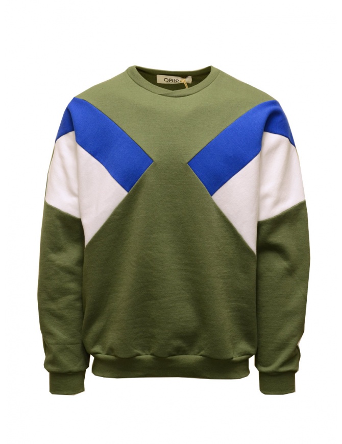 Qbism olive green sweatshirt with white and blue geometric details STYLE10 PJ02 men s knitwear online shopping