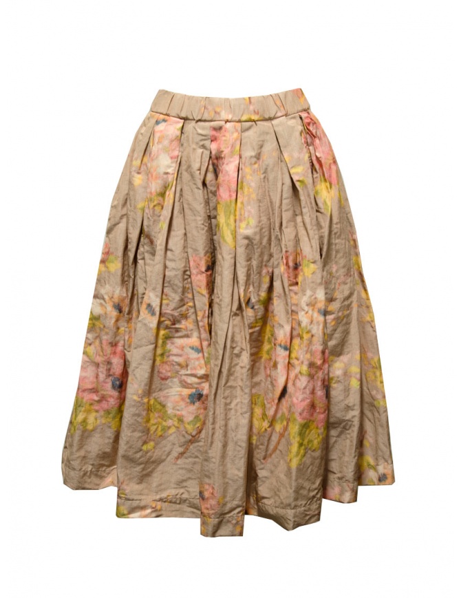 Casey Casey midi skirt in beige linen with pink and yellow flowers 20FJ153 FLOWER womens skirts online shopping