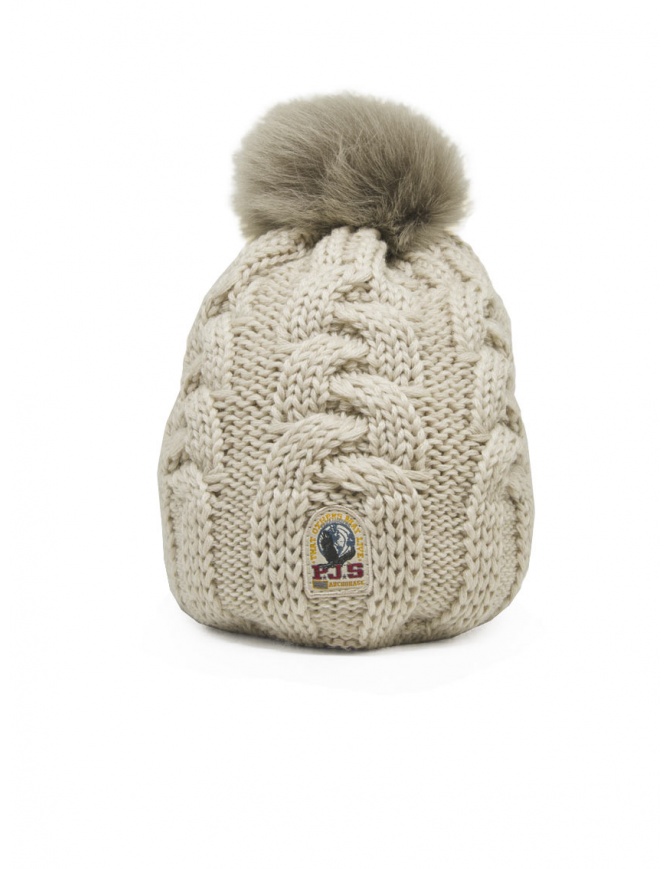 Parajumpers beige braided hat with fur pon-pon PAACHA11 CABLE PURITY hats and caps online shopping