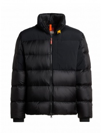 Mens jackets online: Parajumpers Gover black down jacket with elasticated inserts