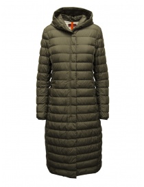 Womens jackets online: Parajumpers Omega extra long down jacket in olive green