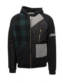 Mens jackets online: QBISM black sweatshirt-bomber with green and blue checked inserts