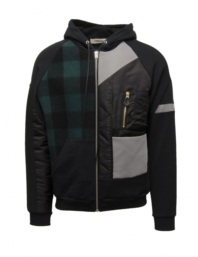 QBISM black sweatshirt-bomber with green and blue checked inserts STYLE 08 BLACK/GREEN CHECK mens jackets online shopping