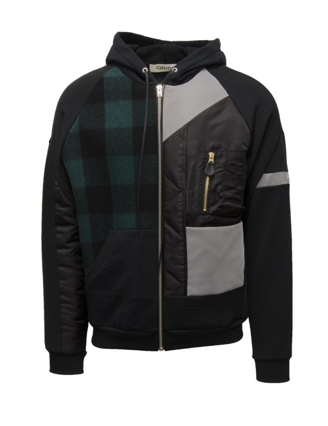 QBISM felpa-bomber nera con inserti a quadri verdi e blu STYLE 08 BLACK/GREEN CHECK giubbini uomo online shopping