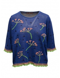 M.&Kyoko blue ligth short-sleeved sweater with pink flowers BDH01035WA DARKBLUE