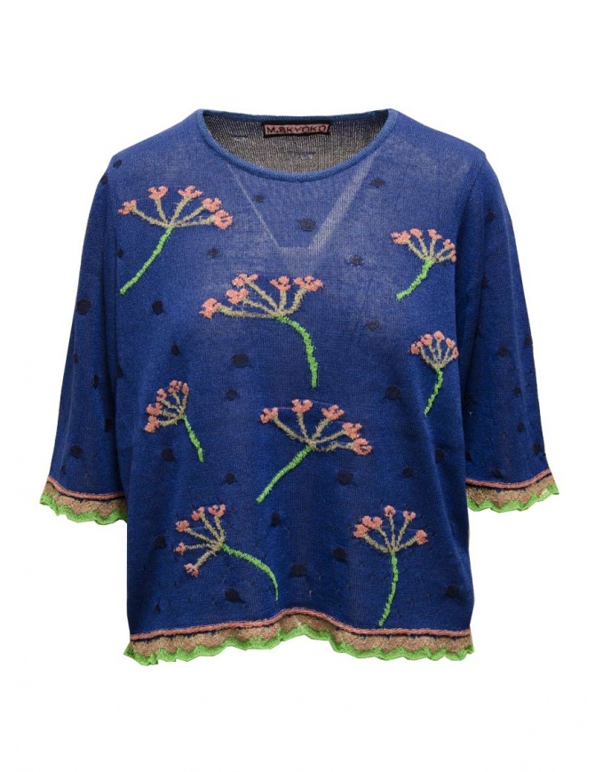 M.&Kyoko blue ligth short-sleeved sweater with pink flowers BDH01035WA DARKBLUE women s knitwear online shopping