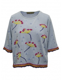 Women s knitwear online: M.&Kyoko light blue cotton knit T-shirt with red flowers