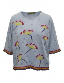 M.&Kyoko light blue cotton knit T-shirt with red flowers BDH01035WA BLUE