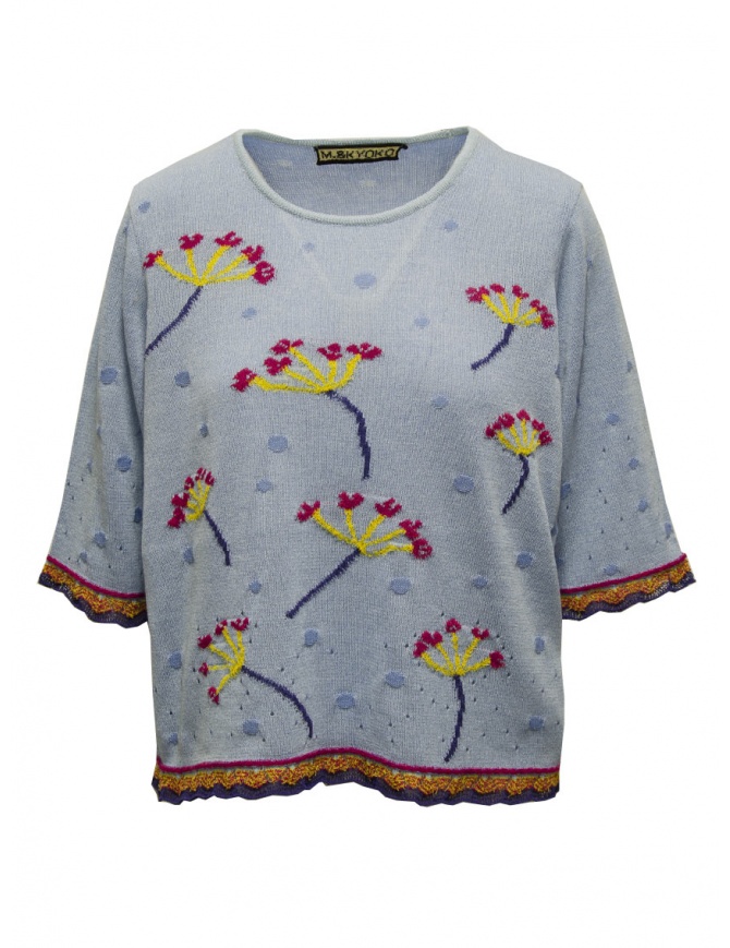 M.&Kyoko light blue cotton knit T-shirt with red flowers BDH01035WA BLUE women s knitwear online shopping