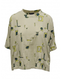 Maglieria donna online: Fuga Fuga T-shirt beige con motivo geometrico verde-giallo