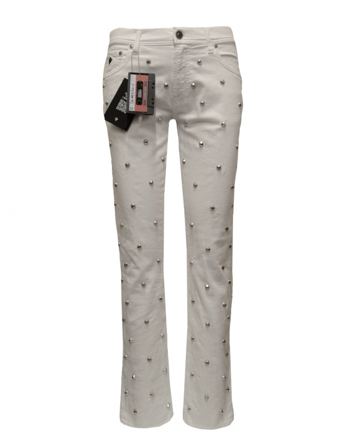 Victory Gate studded flare jeans in white VG1SWBOYSTSTUD.WT womens jeans online shopping
