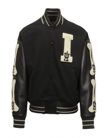 Mens jackets online: Kapital I-Five Varsity black wool bomber jacket with leather sleeves
