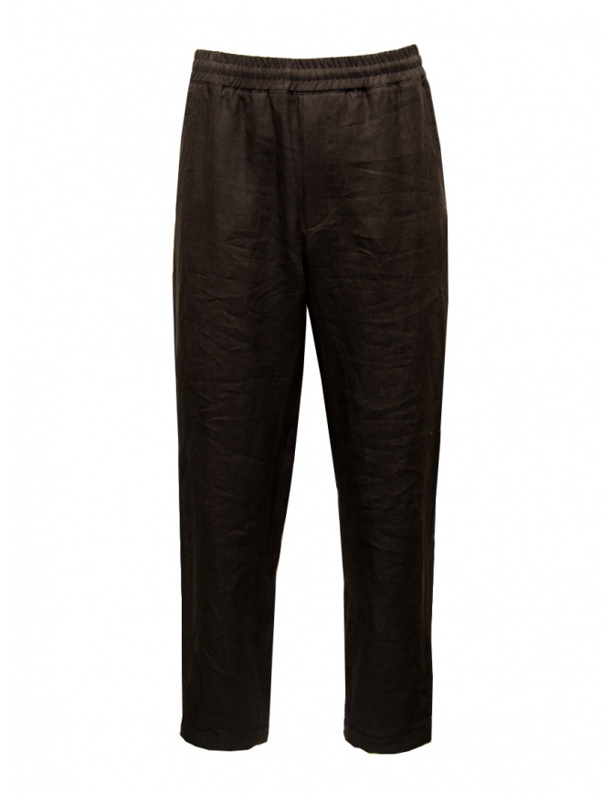 Monobi brown linen pants with elastic waist 15430601 CIOCCOLATO 30619 mens trousers online shopping