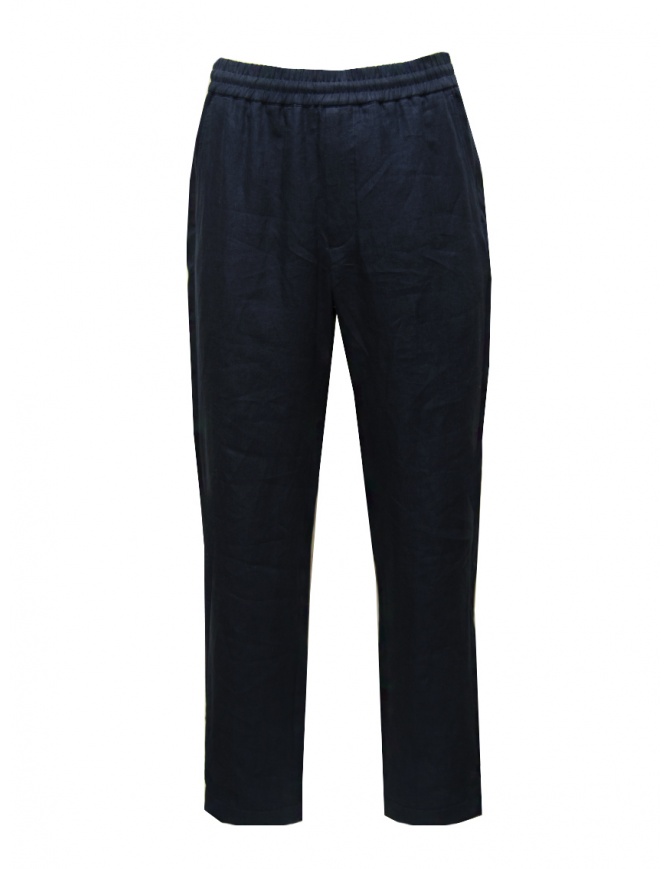 Monobi blue linen pants with elastic waist 15430601 NOTTE 30652 mens trousers online shopping
