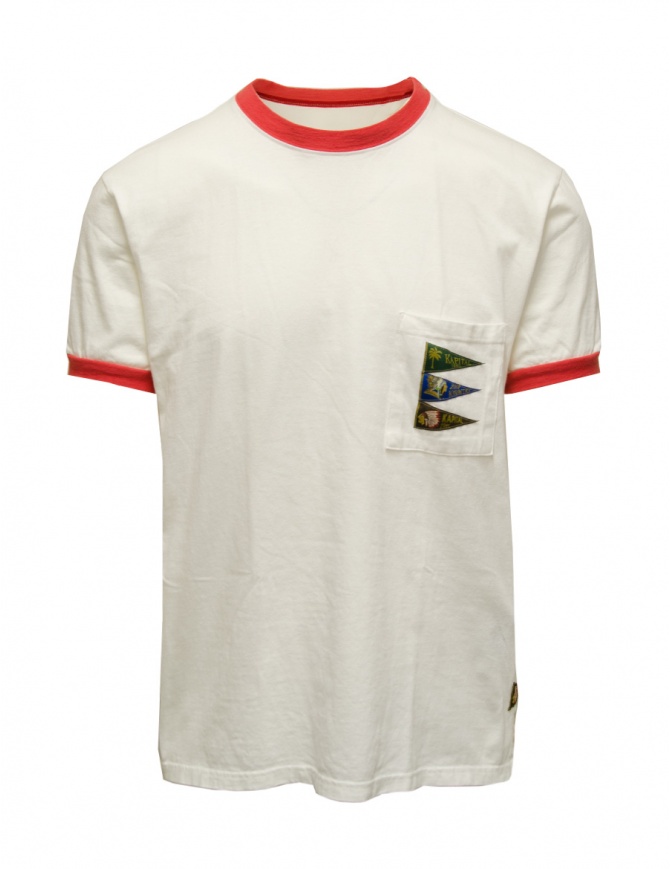 Kapital White T-shirt with little flags and red edges EK-1227SC WHITE Kapital White T-shirt with little flags and red edges EK-1227SC WHITE mens t shirts online shopping
