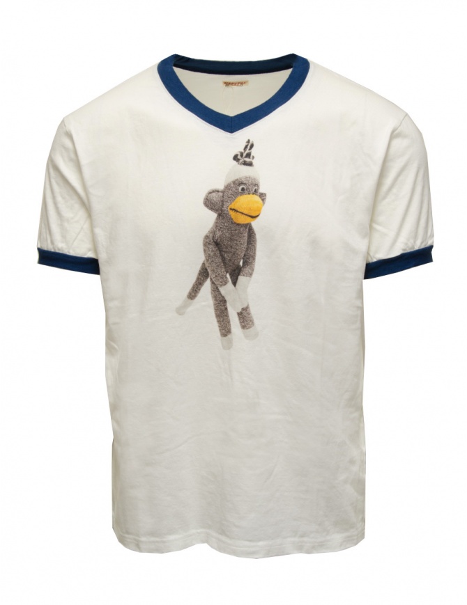 Kapital white V-neck T-shirt with monkey printed K2403SC115 WHITE Kapital white V-neck T-shirt with monkey printed K2403SC115 WHITE mens t shirts online shopping